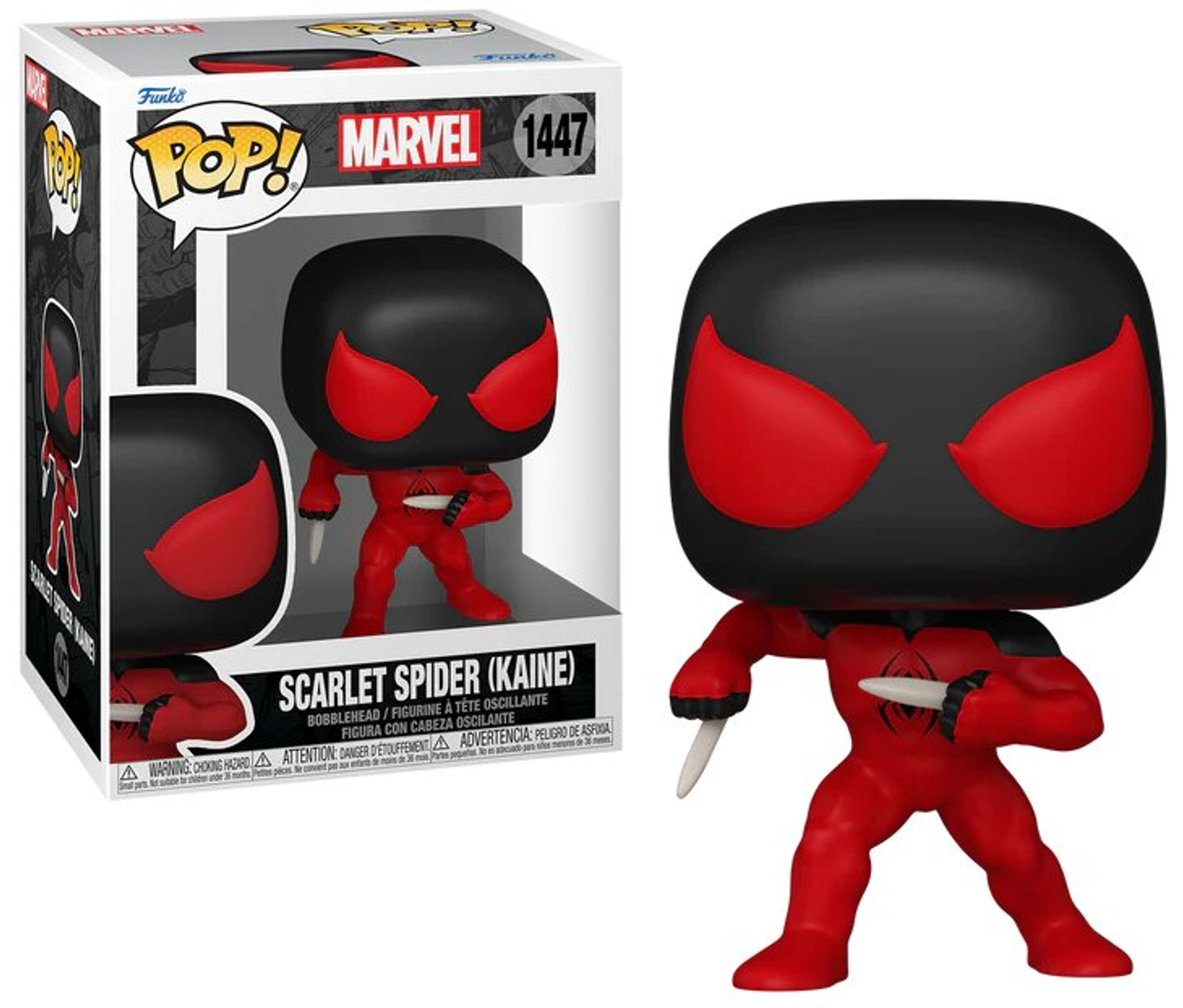 Figura de Scarlet Spider en caja. La figura es roja y negra, sosteniendo dos pequeños cuchillos.