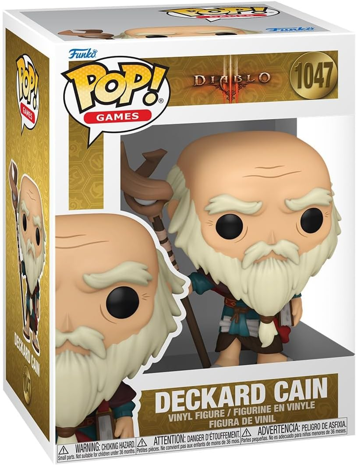 Figura Funko Pop de Deckard Cain en una caja. Sostiene un bastón. Barba blanca y túnicas marrones.