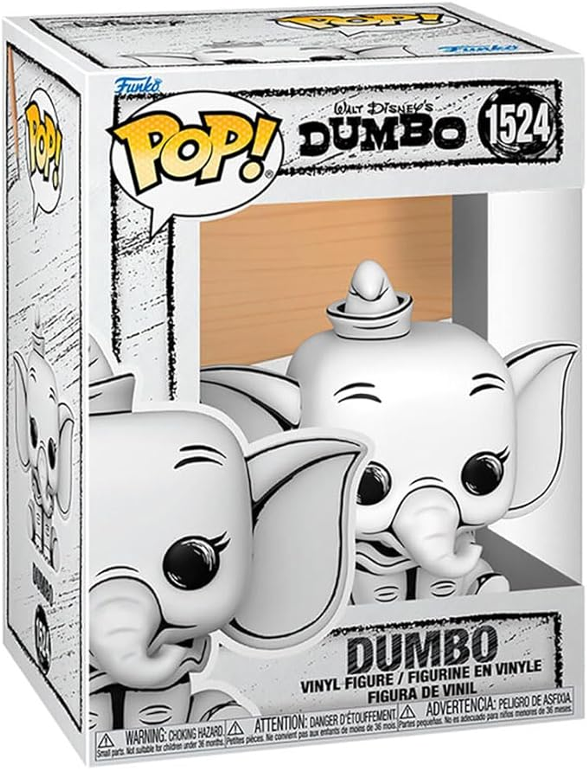 Una figura de vinilo blanca Dumbo Pop! en su caja, un dibujo estilizado en la caja.
