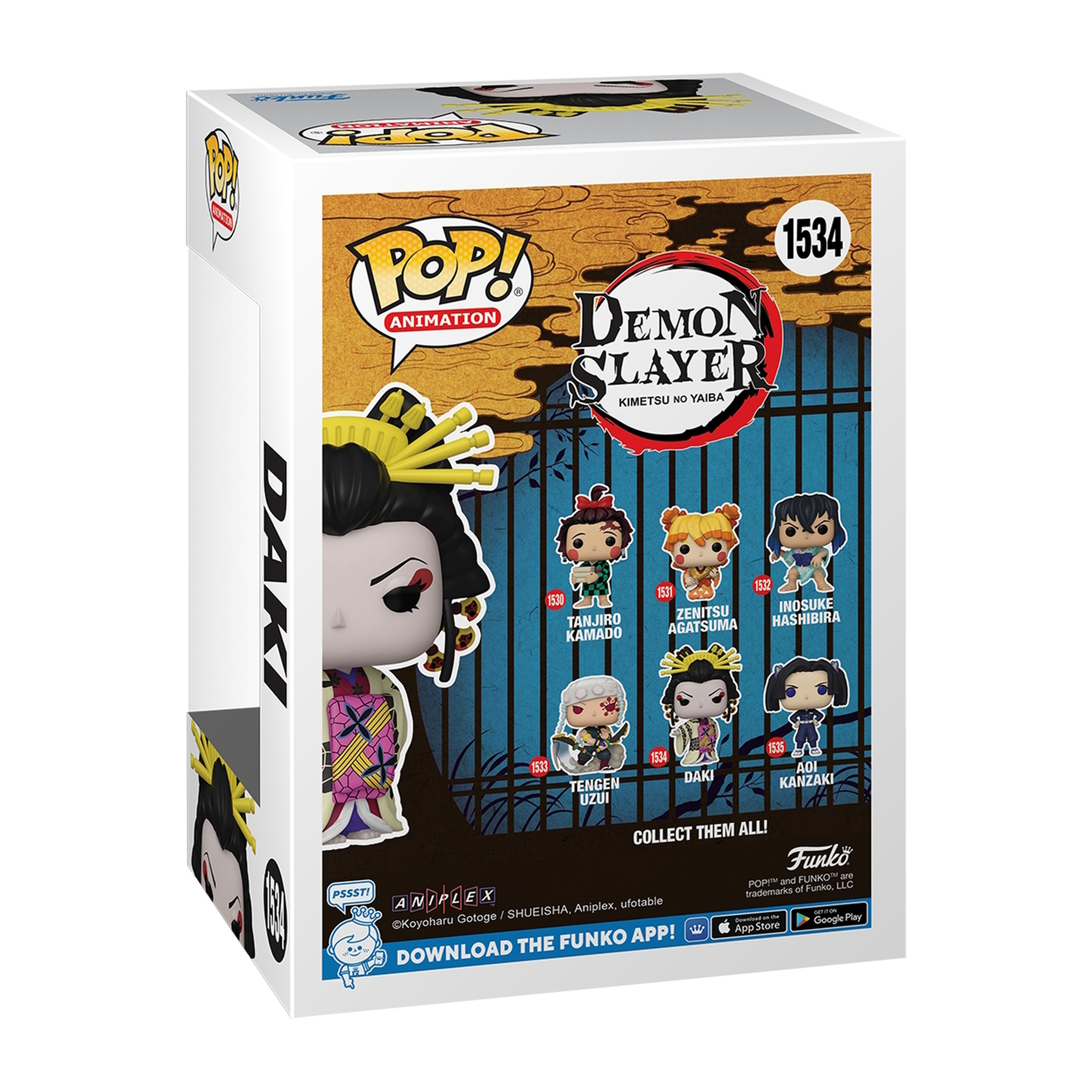 Pudełko Funko Pop z figurkami postaci z Demon Slayer.