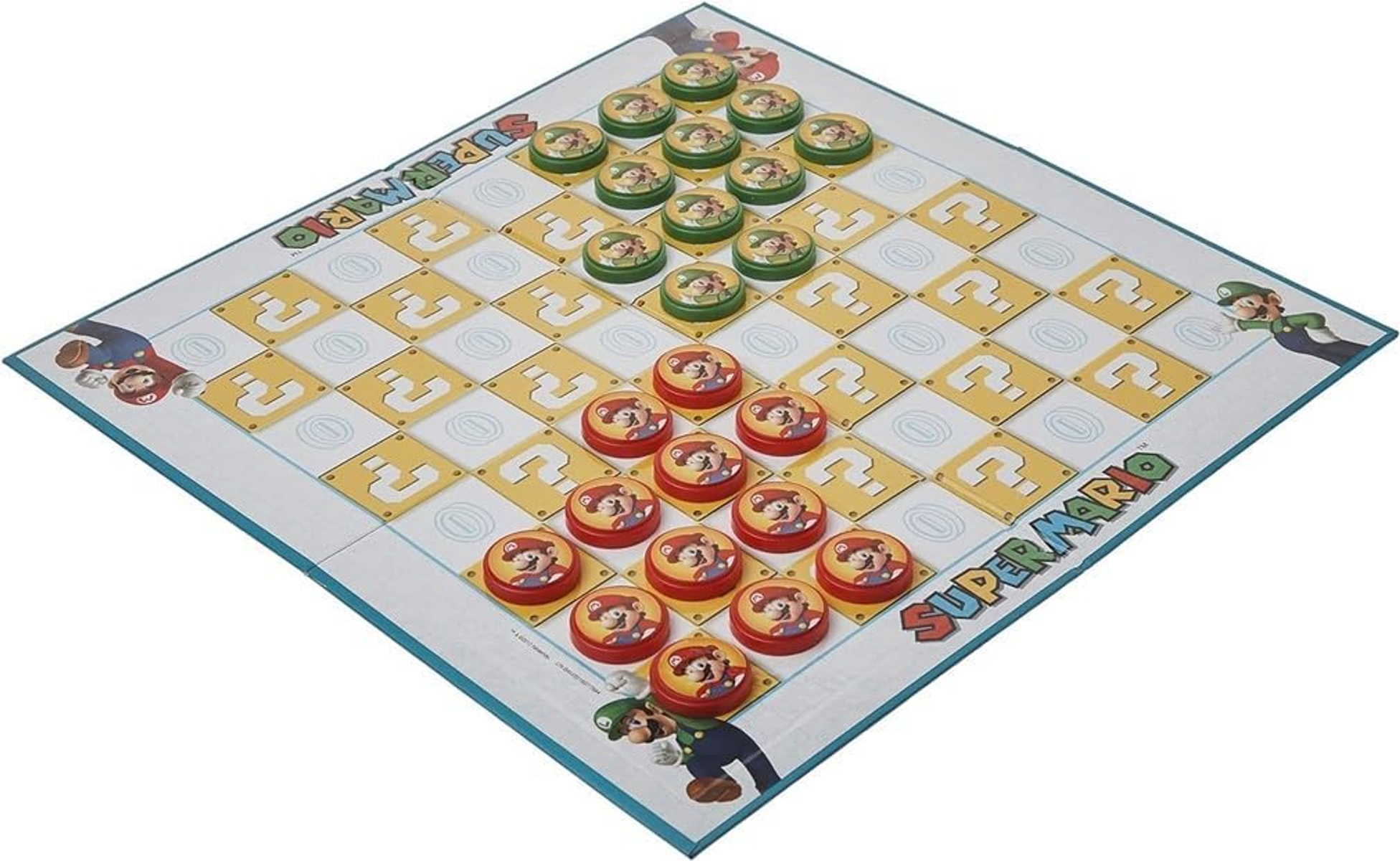 Super Mario Brettspiel, kariertes Brett mit Mario-Figuren und Spielsteinen.