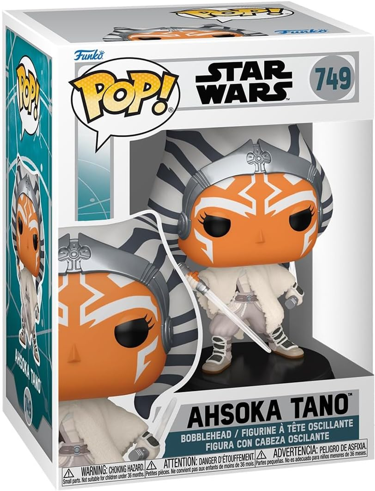 Figura Funko Pop Ahsoka Tano en caja. La figura es naranja y blanca, con un sable de luz.