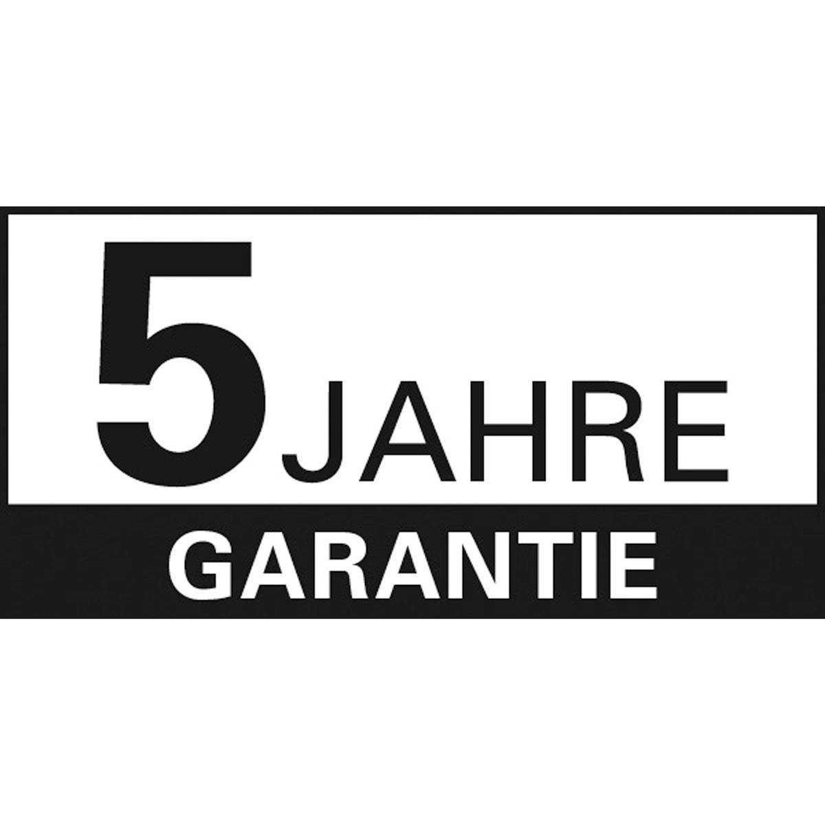 Ein weißes Schild mit dem Text '5 JAHRE GARANTIE' in Schwarz.