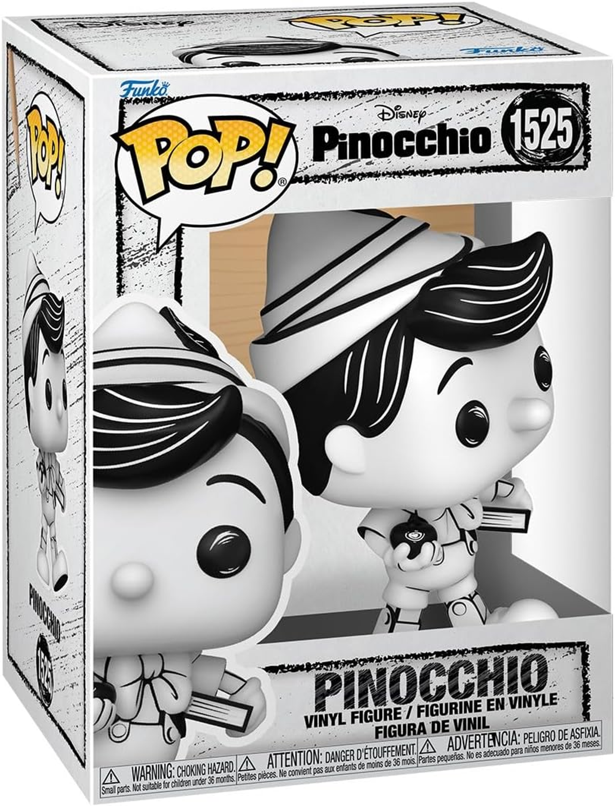 Figura de Pinocho en blanco y negro en una caja. La caja muestra a Pinocho.