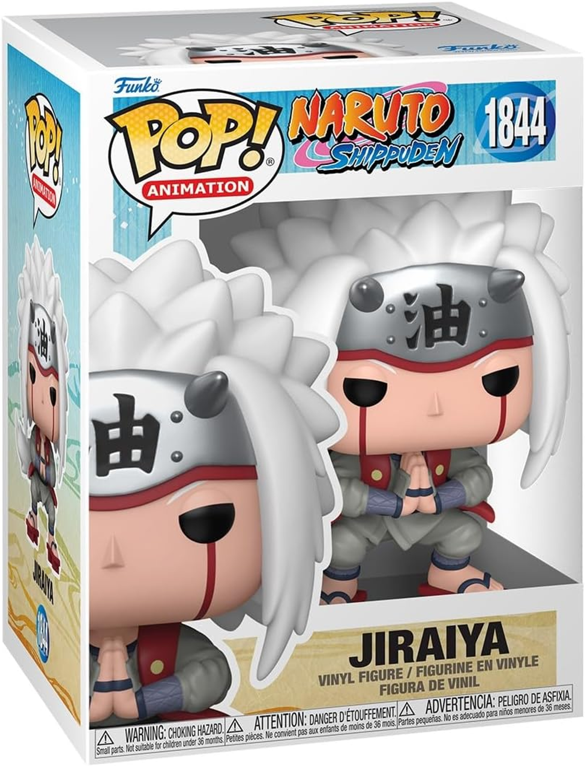 Figura de Jiraiya de Naruto Shippuden en una caja, con la imagen del personaje en exhibición.
