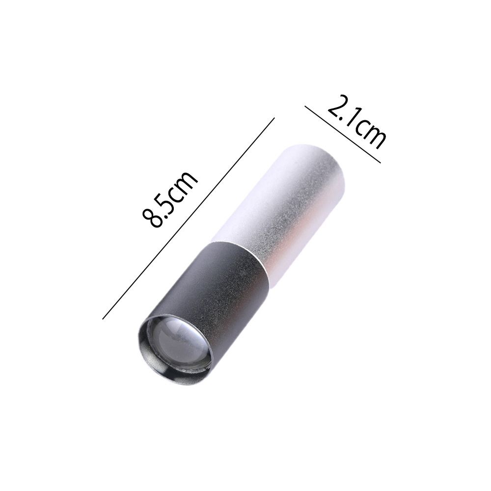 Eine silberne und schwarze Taschenlampe. Sie ist 8,5 cm lang und 2,1 cm breit.