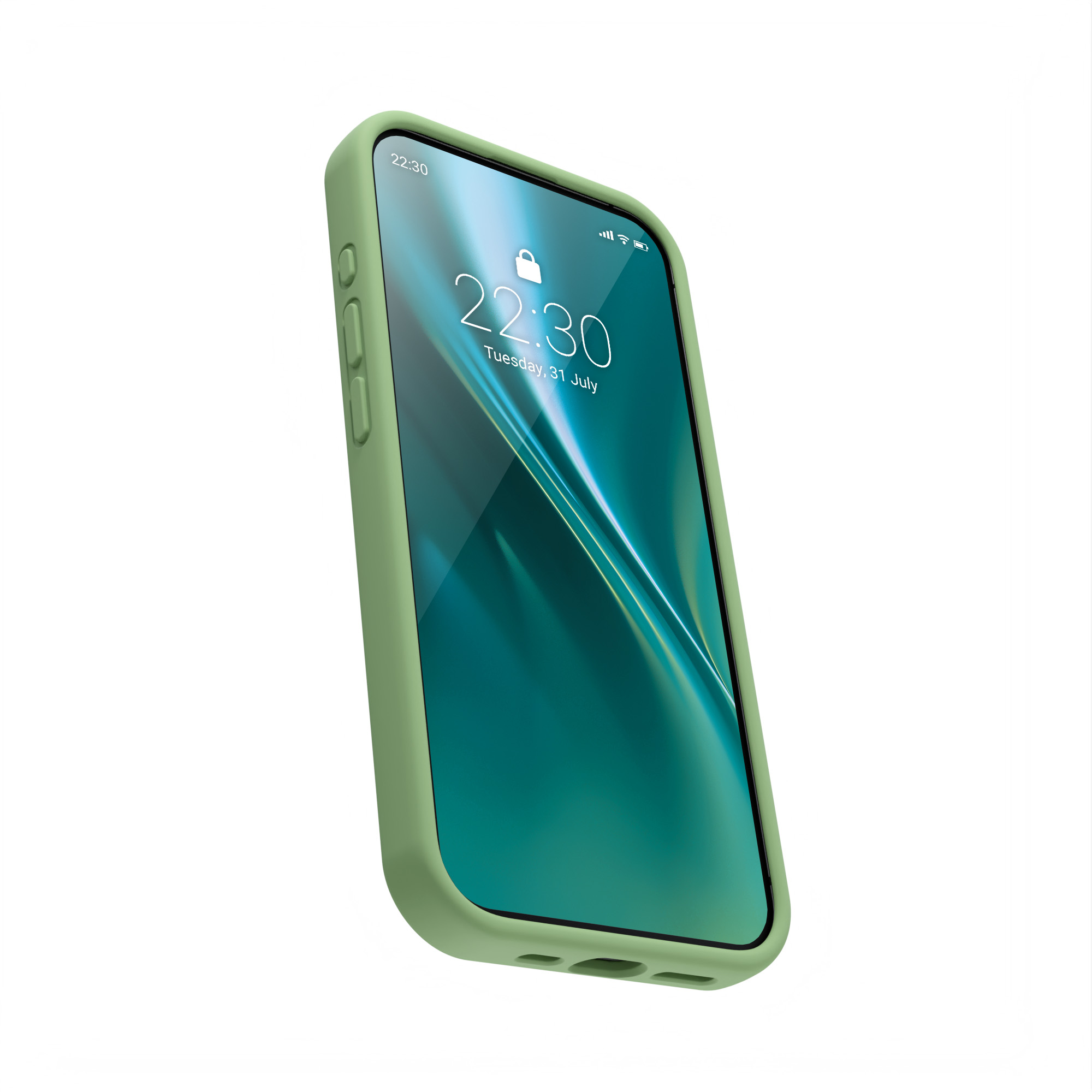 Zielone etui na telefon na telefonie wyświetlającym godzinę. Białe tło.