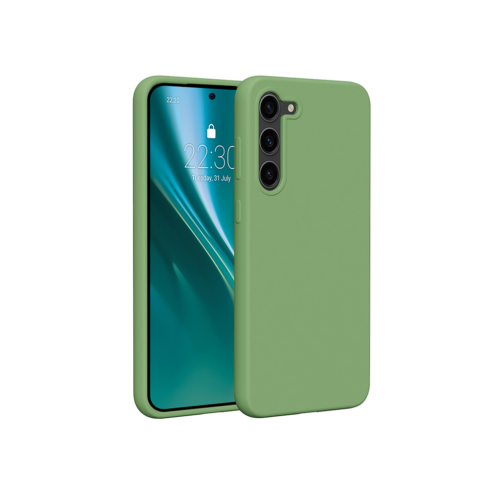 Zielone etui na telefon z telefonem. Telefon pokazuje godzinę i datę.