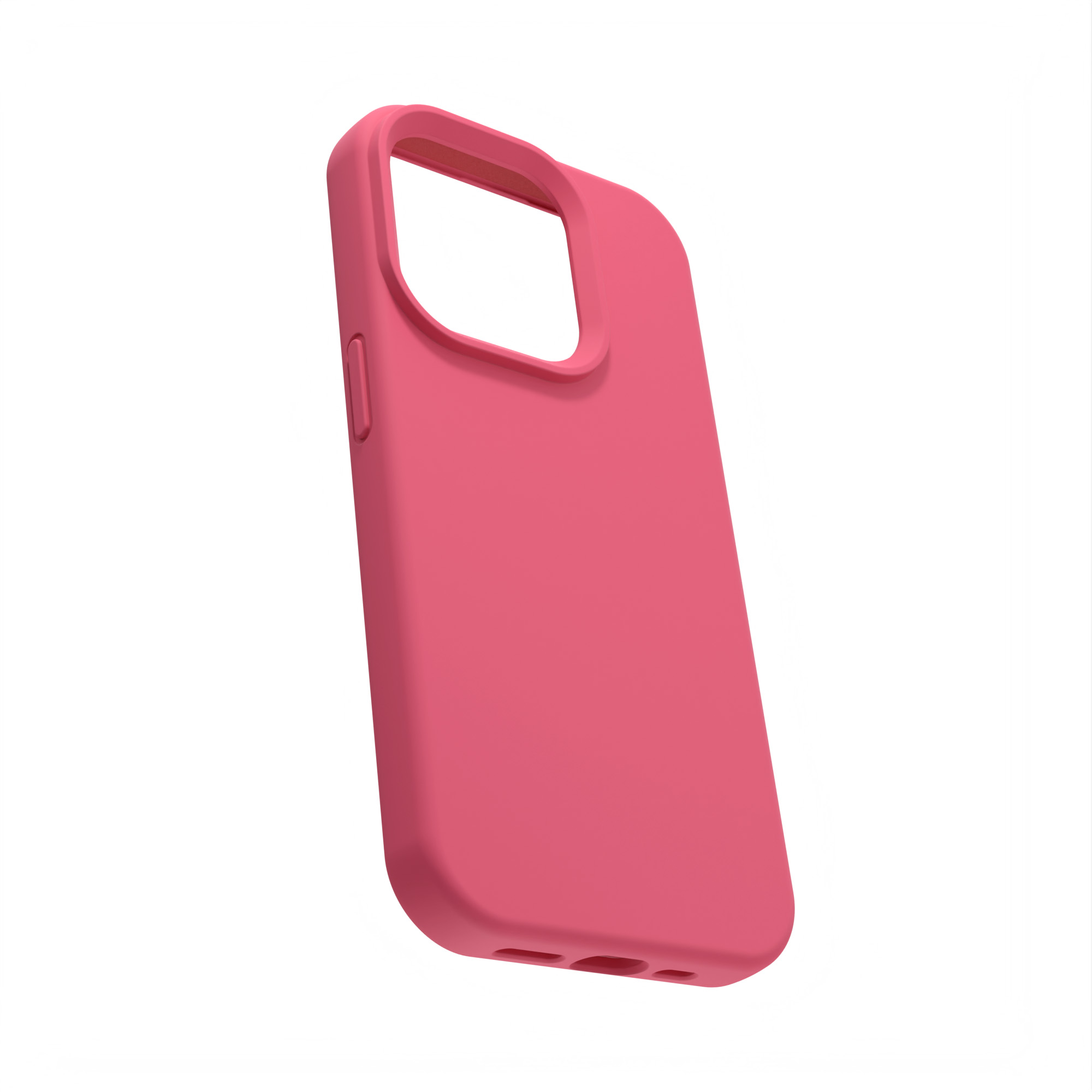 Czerwone etui na telefon z wycięciem na aparat. Etui jest puste i lekko pochylone.
