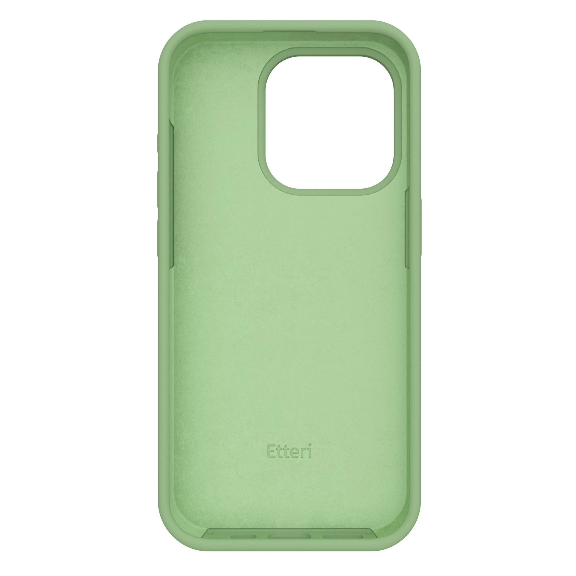 Jasnozielone wnętrze etui na telefon. Wycięcia na aparat i przyciski. Logo Etteri na dole.