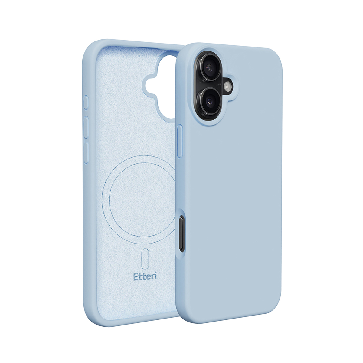 Jasnoniebieskie etui na telefon, otwarte pokazujące wnętrze i drugie zamknięte. Etui ma otwór na aparat.