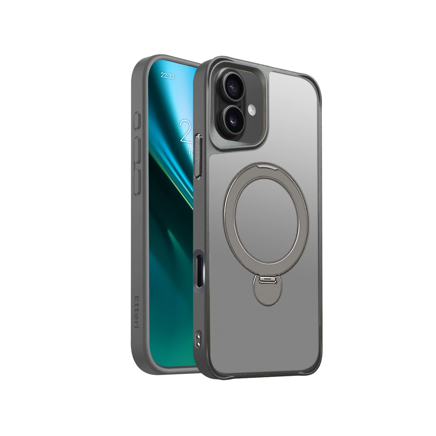 Przezroczyste etui na telefon ze srebrnym pierścieniem. Etui jest na szarym telefonie.