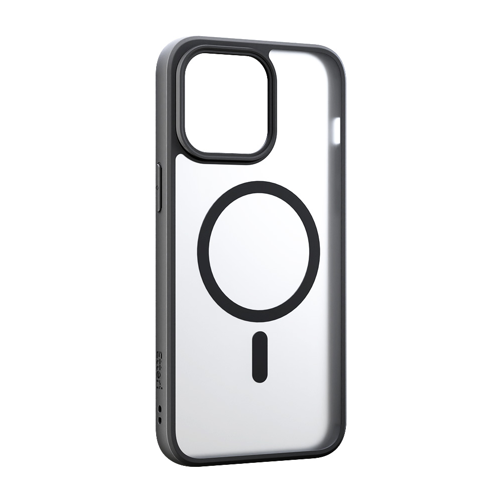 Przezroczyste etui z czarnym pierścieniem i logo.