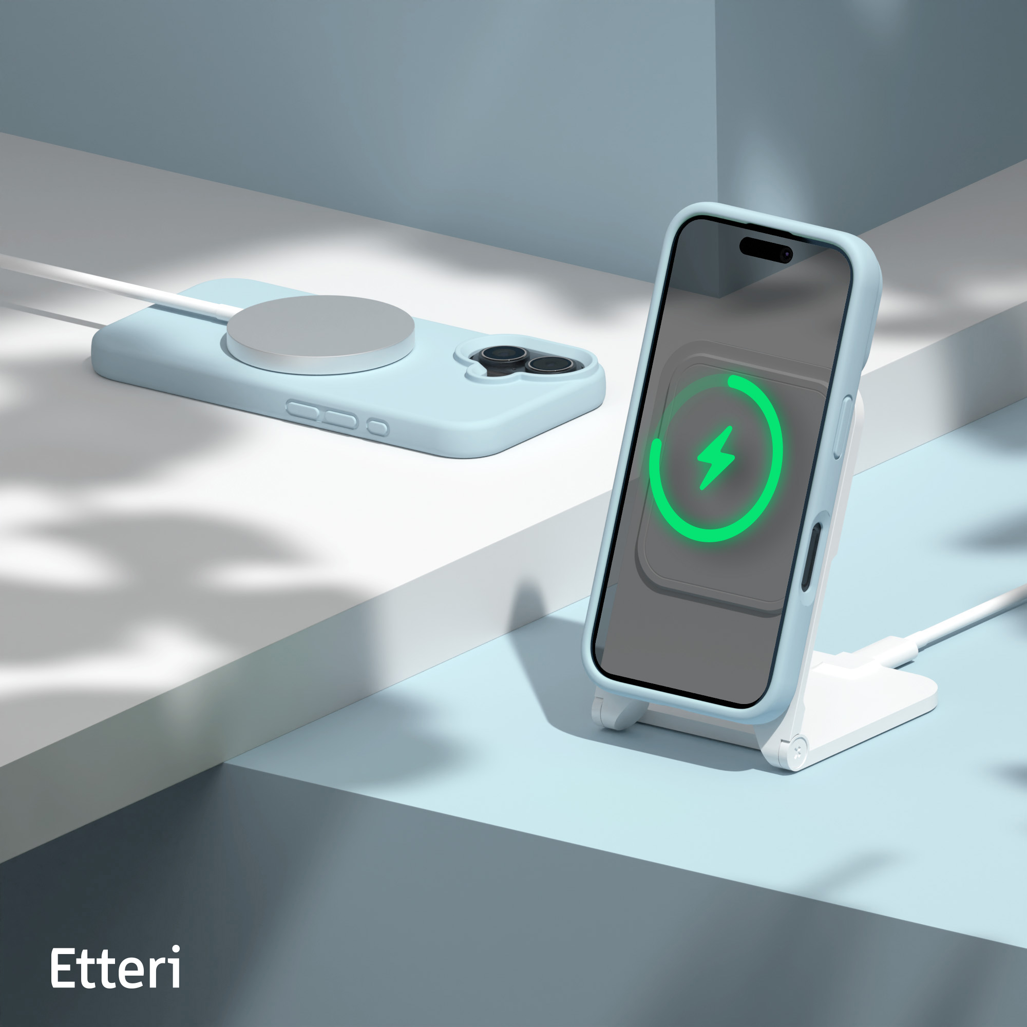 Etui na telefon i ładowarka. Telefon ładuje się bezprzewodowo. Etui jest niebieskie.