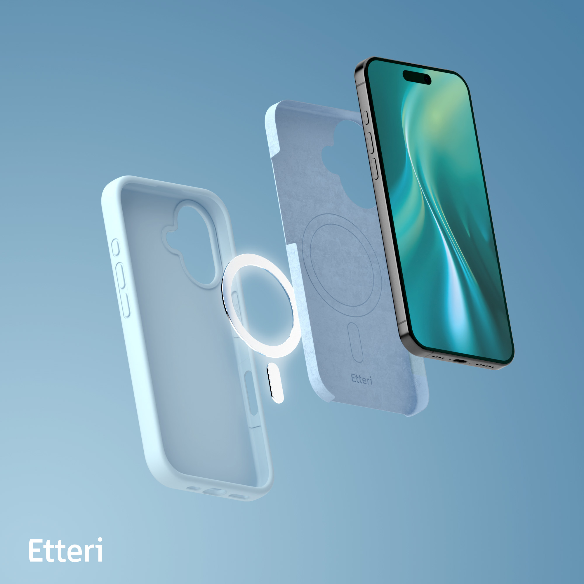 Elementy etui na telefon: przednia i tylna obudowa, pierścień magsafe i telefon. Wszystko jasnoniebieskie.