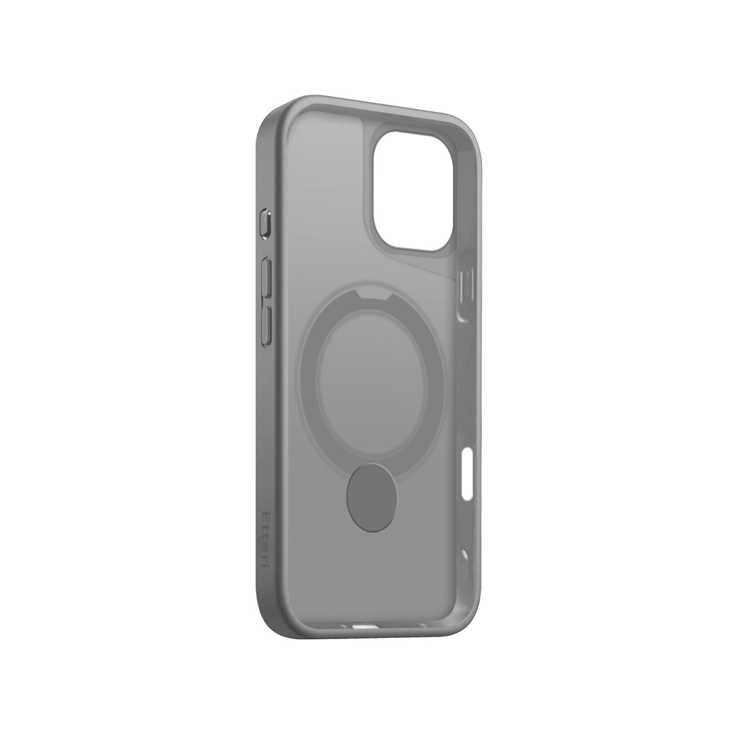 Szare etui na iPhone'a z okrągłym magnesem i widocznymi przyciskami bocznymi.