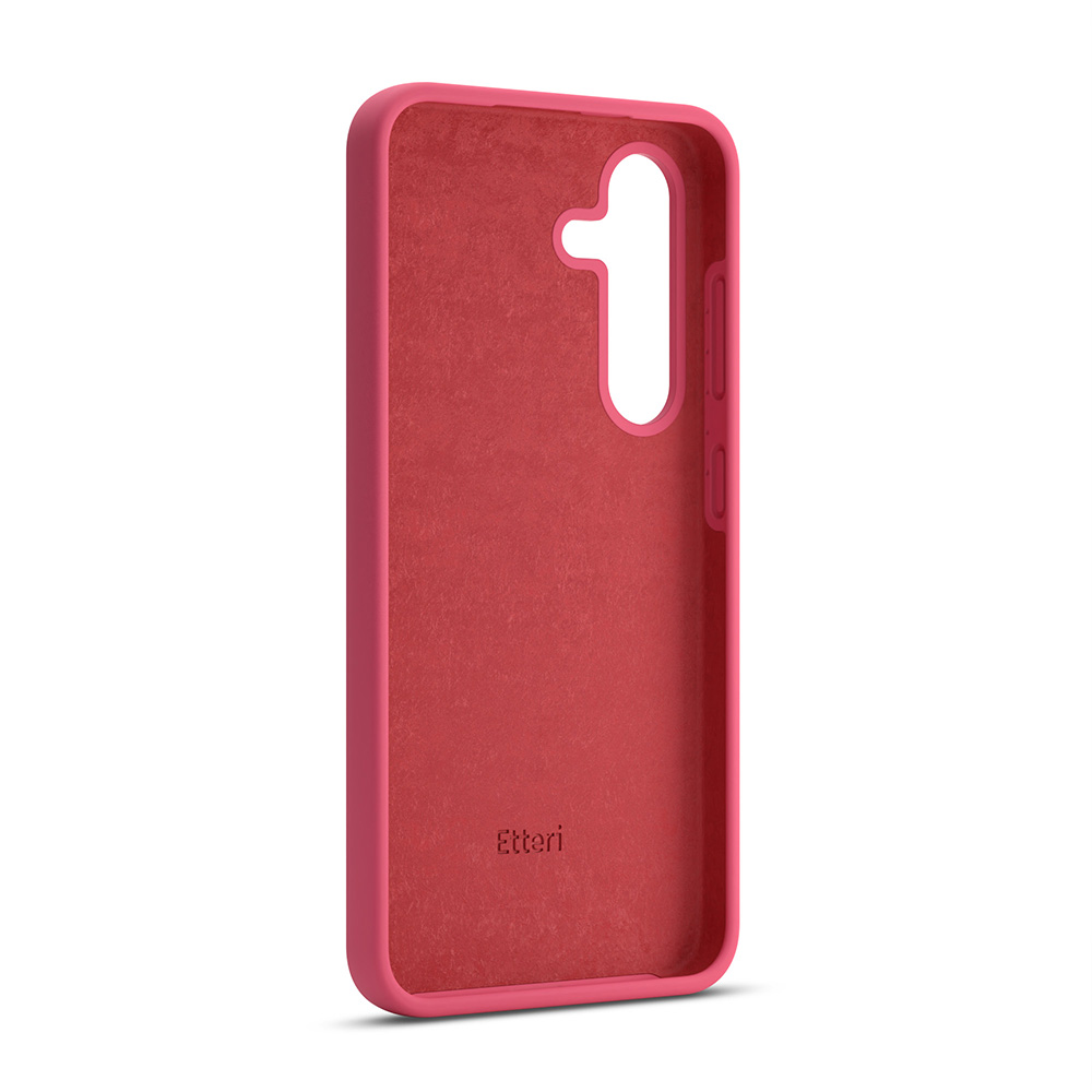 Interno della custodia rossa del telefono. Ha un ampio ritaglio per la fotocamera.