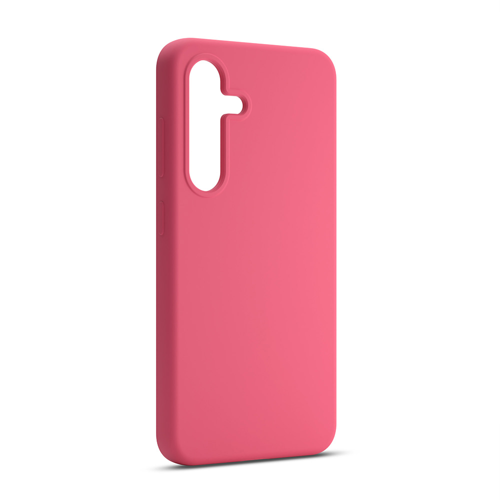 Custodia per telefono rosa. Ha un foro per la fotocamera e un pulsante laterale.