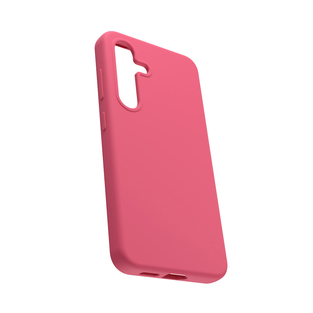 Custodia per telefono rosa, leggermente angolata, mostra i pulsanti laterali e la fotocamera.