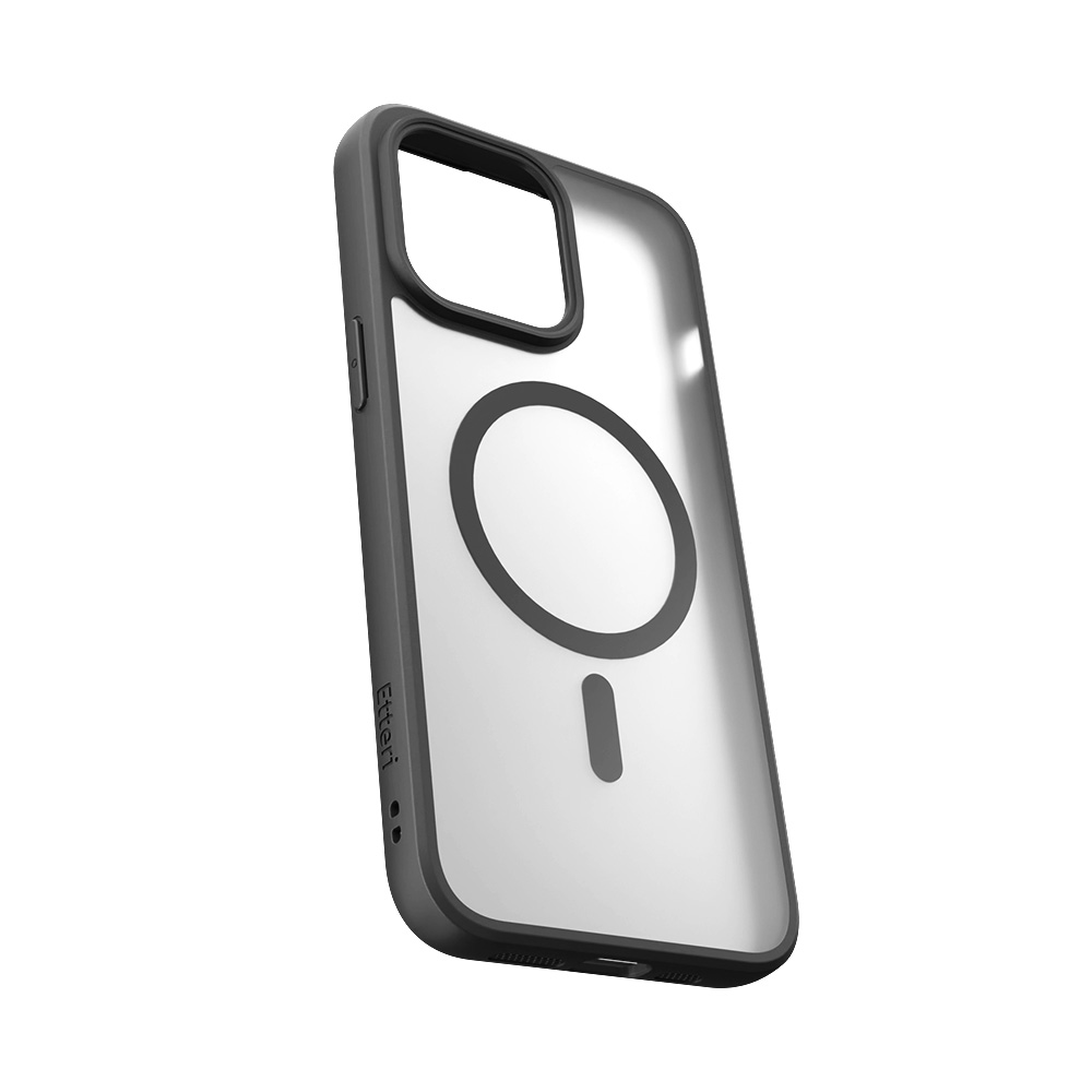 Przezroczyste etui na telefon z czarną obwódką i okręgiem MagSafe. Białe tło.