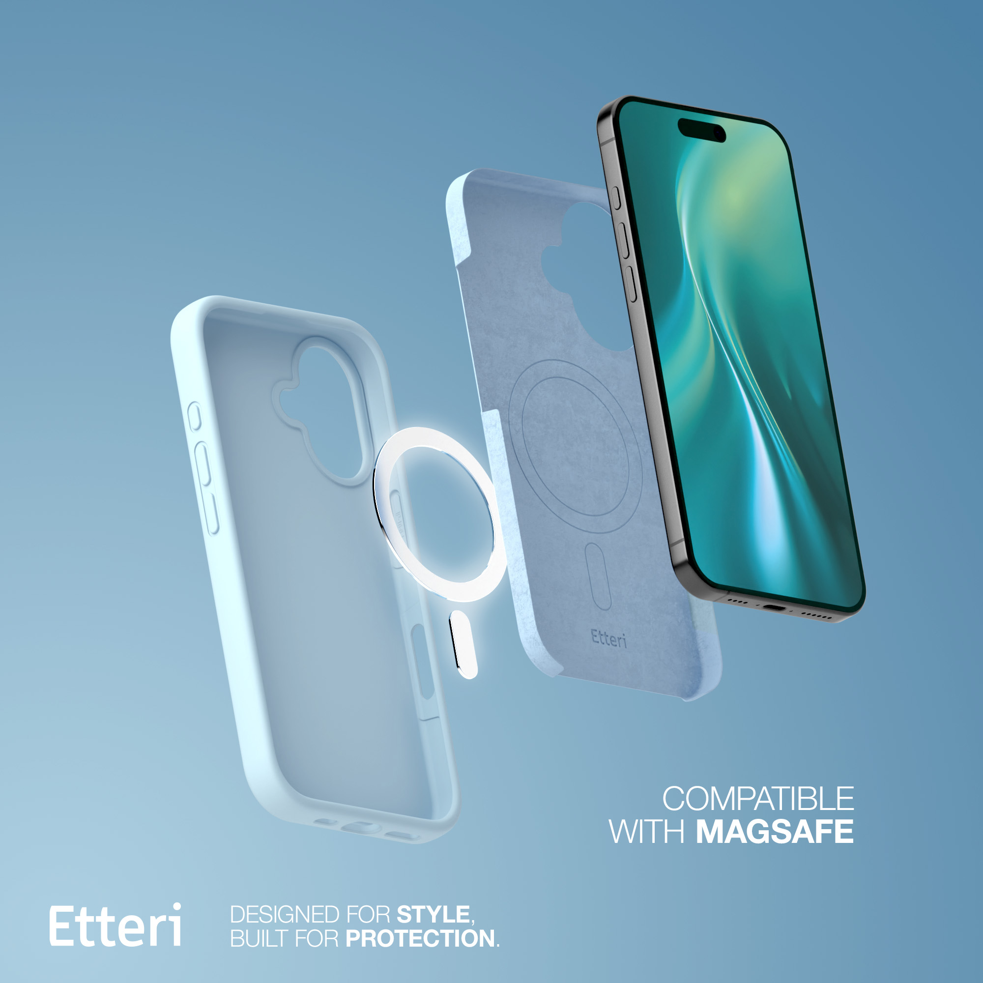 Etui na telefon i telefon. Etui jest jasnoniebieskie, a telefon ma zielony ekran. Tekst o MagSafe.
