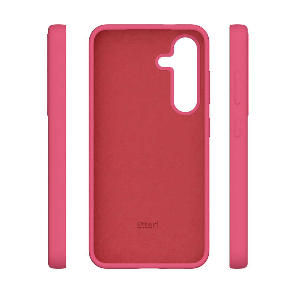 Custodia rosa per telefono. Viste laterali, frontale e posteriore. Marchio 'Etteri' in basso.
