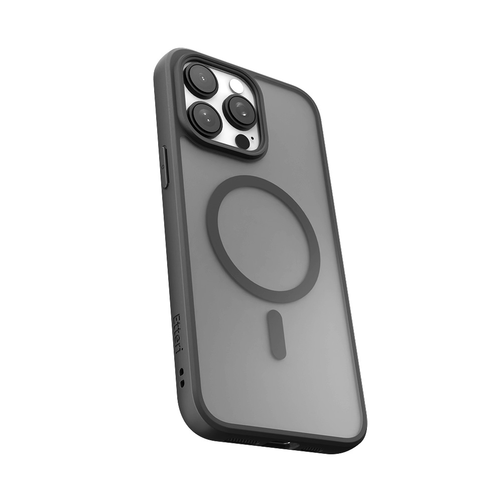 Ciemnoszara obudowa telefonu z okręgiem MagSafe i wypukłością aparatu.