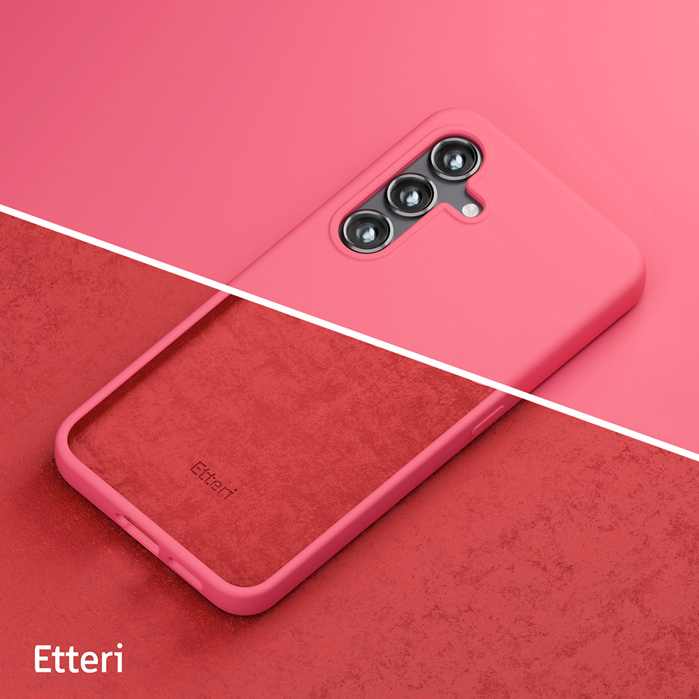 Custodia rossa per telefono con interno rosso. Il marchio 'Etteri' è stampato all'interno della custodia.