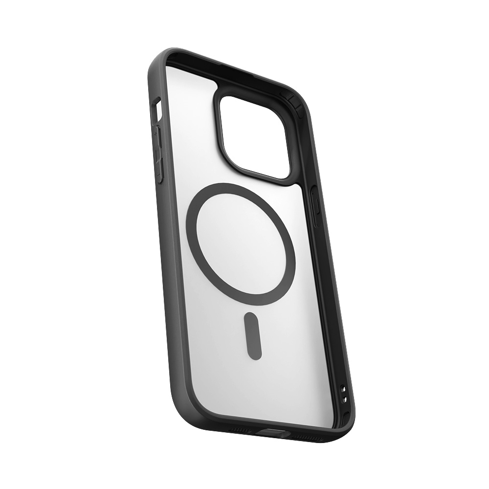 Przezroczyste etui na telefon z czarną ramką i okręgiem MagSafe z tyłu.