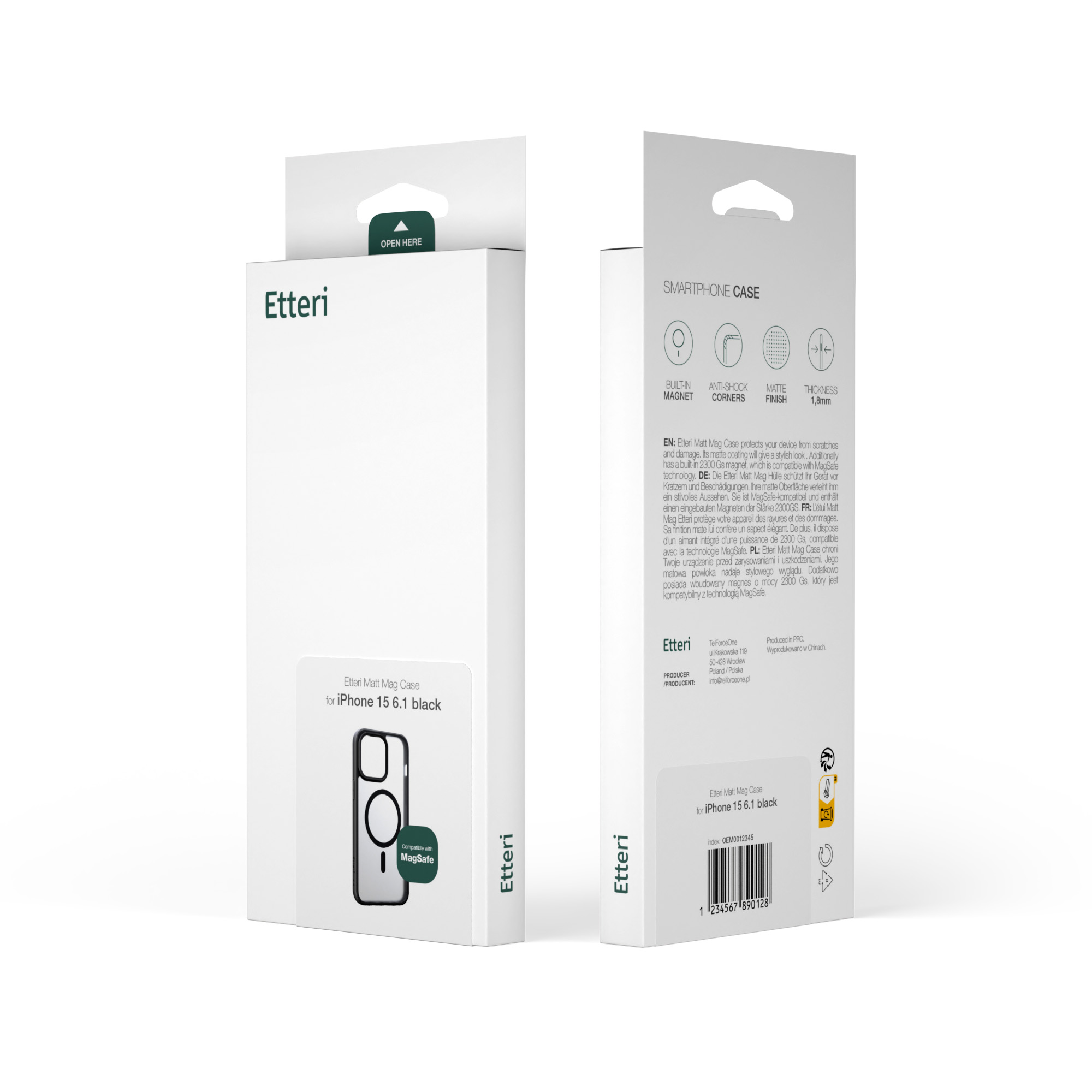 Biało-czarne opakowanie etui na telefon. Tekst i obrazy opisują cechy i markę etui.