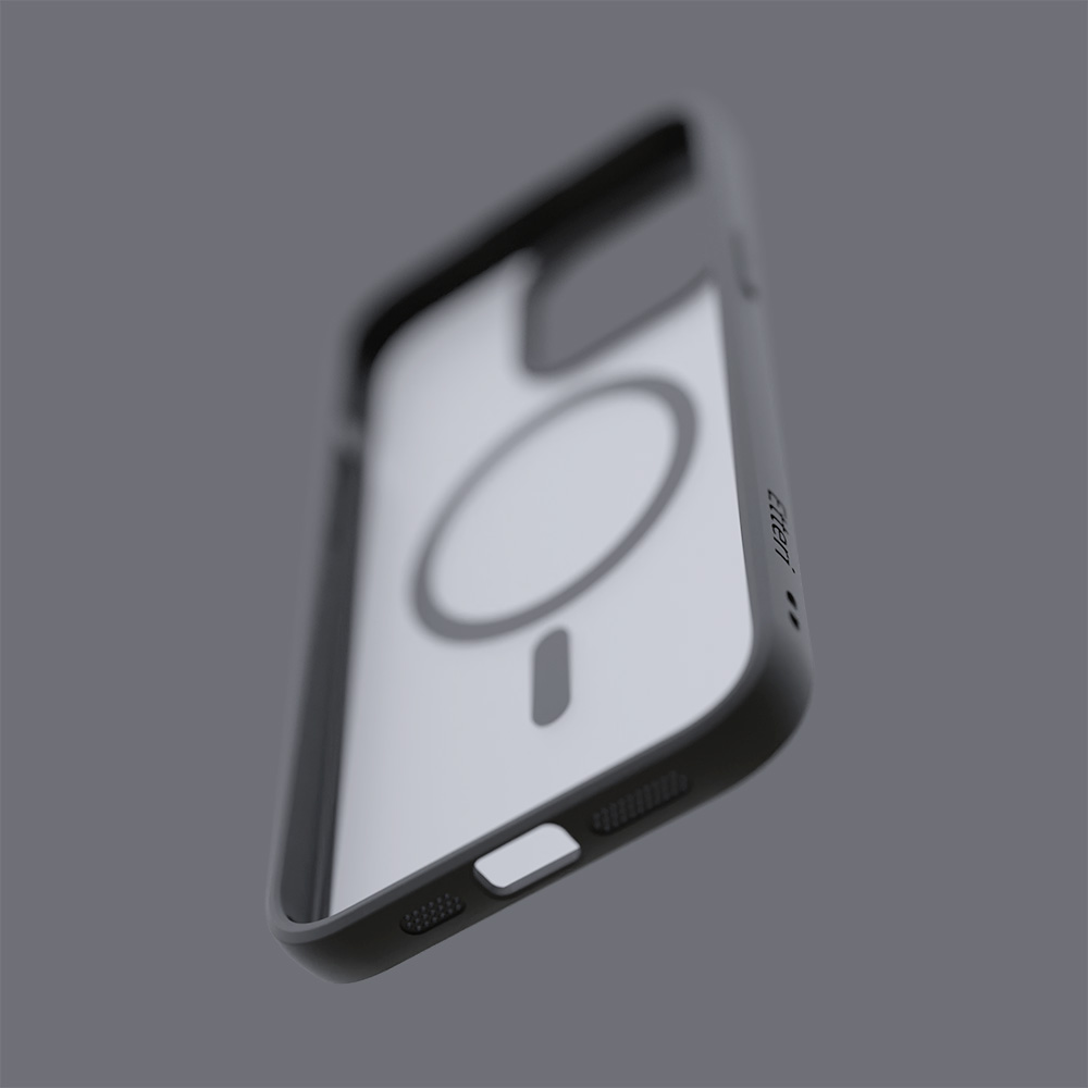 Czarne etui na telefon z białym okręgiem i wycięciem, szare tło.