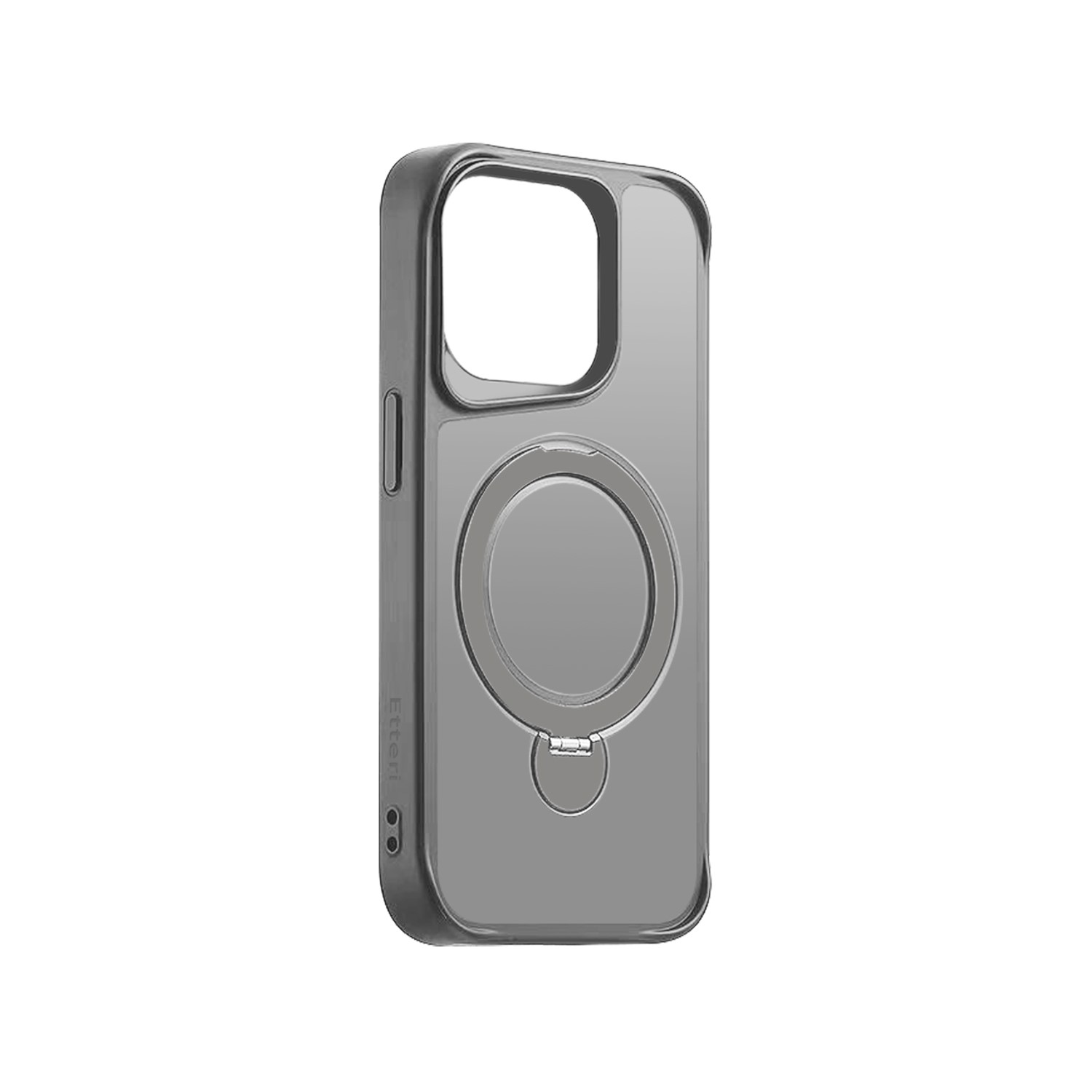 Una custodia grigia per telefono con un anello per fotocamera e retro trasparente.