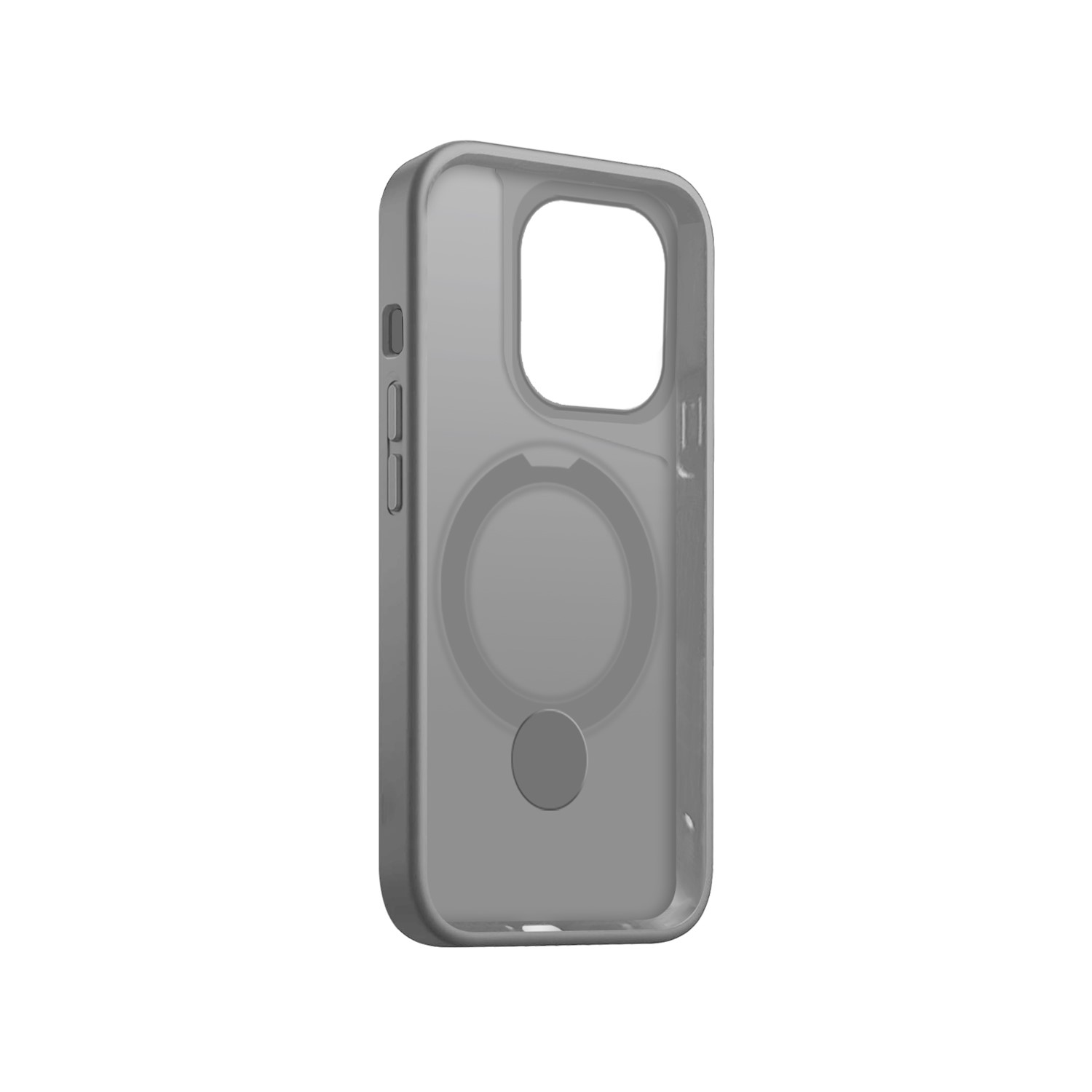 Custodia grigia per telefono, con un ritaglio per la fotocamera, cerchio nero sul retro.