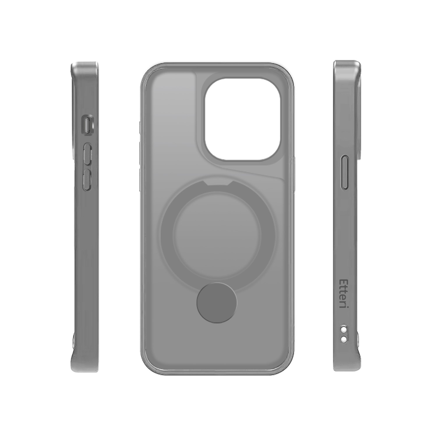 Tre viste laterali di una custodia grigia con intaglio per fotocamera e design MagSafe circolare.