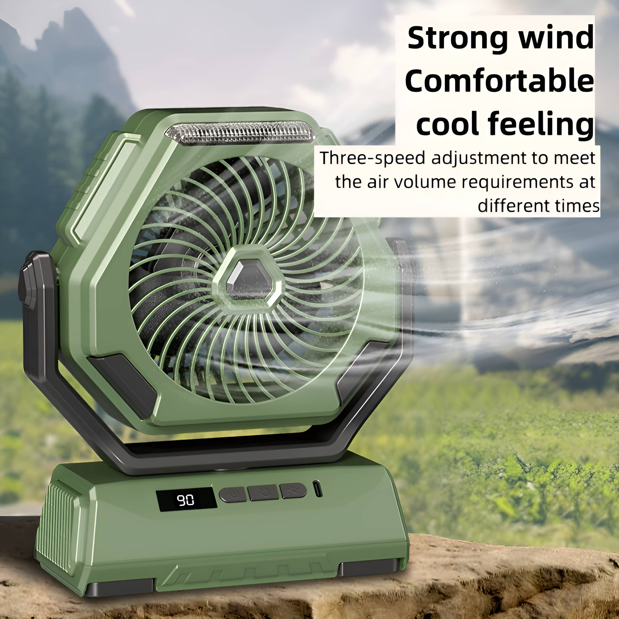 Grüner Ventilator mit Gitterfront, auf einem Felsen und grünem Hintergrund.