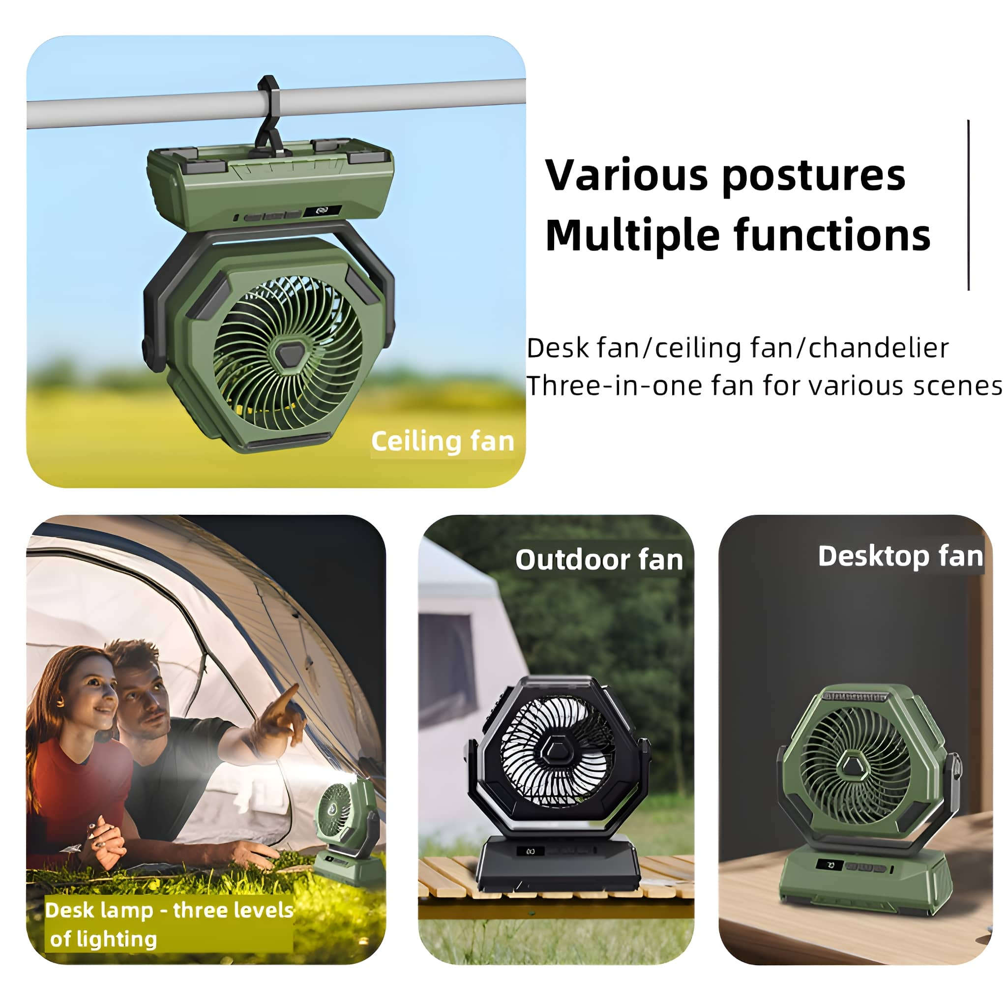 Ein grüner Ventilator in verschiedenen Umgebungen: Deckenventilator, Outdoor-Ventilator und Desktop-Ventilator.