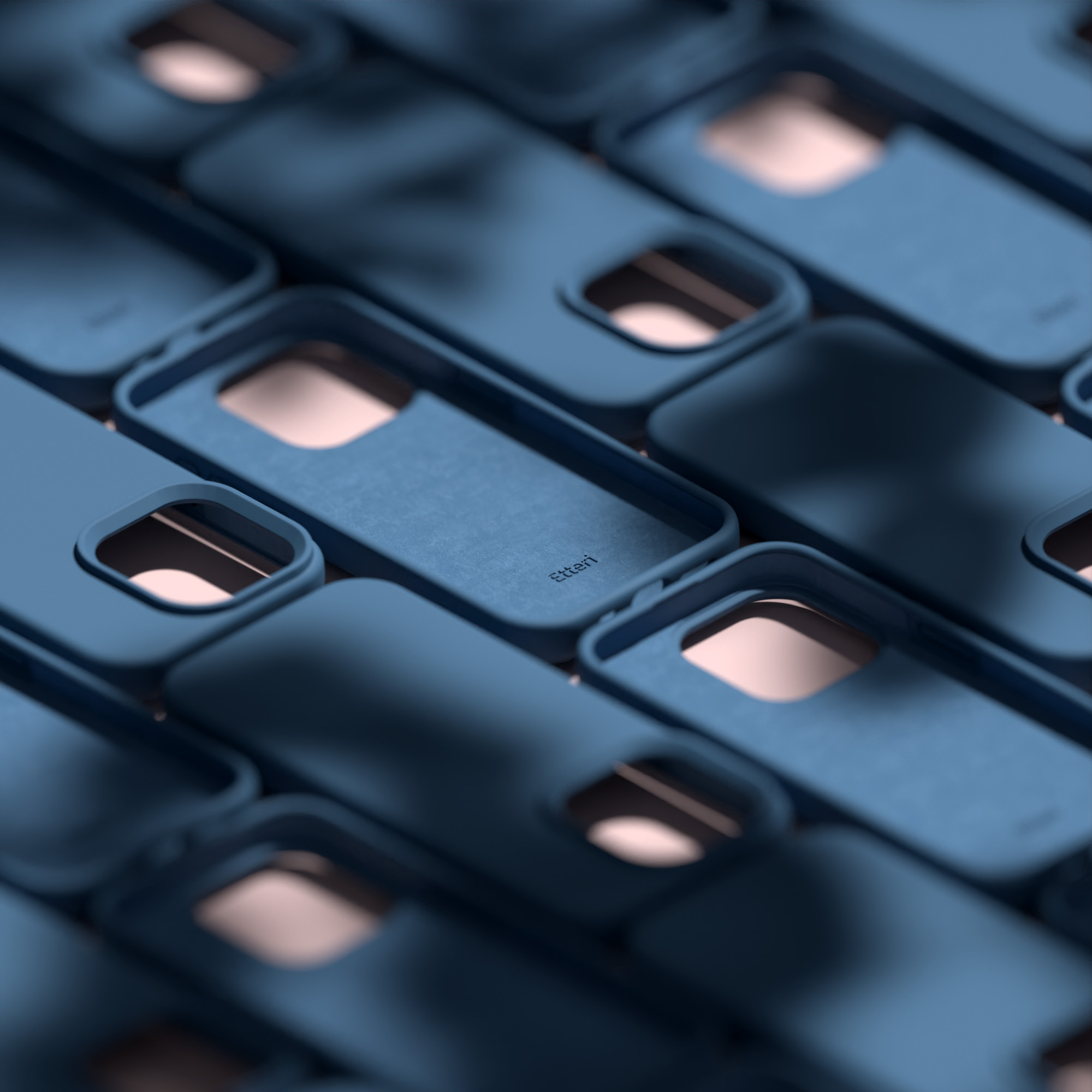 Wiele niebieskich etui na telefony, pokazujących wnętrza z jasnym wnętrzem.