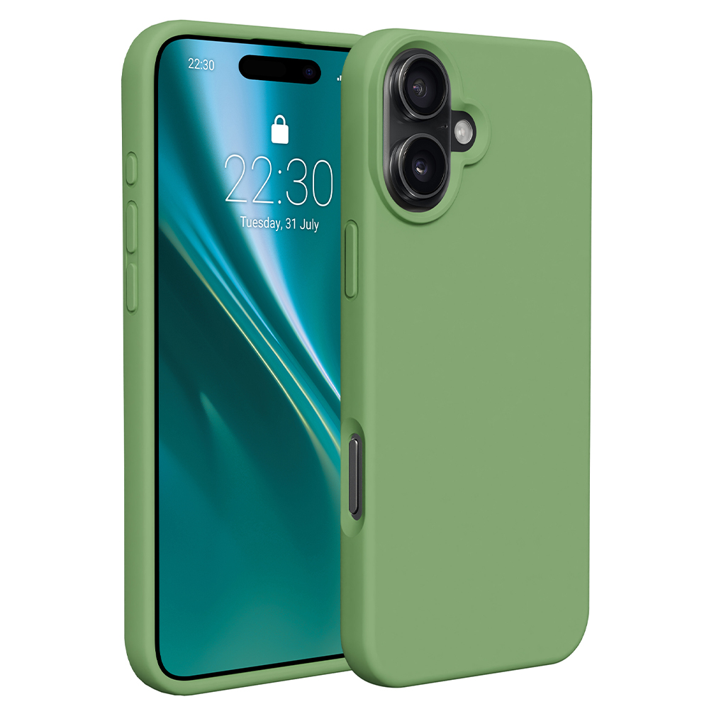 Custodia per telefono verde con telefono. Il telefono mostra l'ora, la data e l'interfaccia.