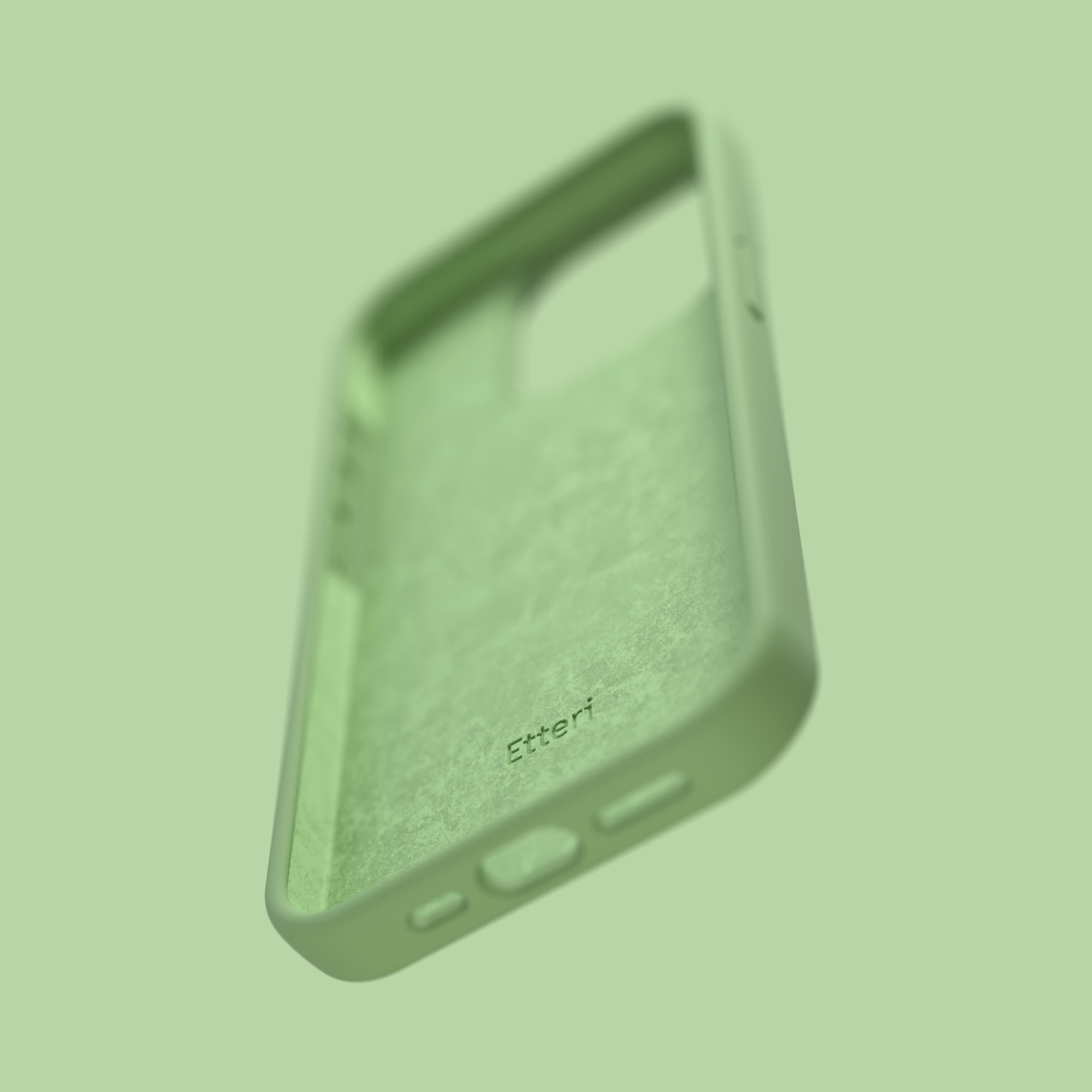 Zielone etui na telefon na zielonym tle, pod kątem, z marką 'Etteri'.