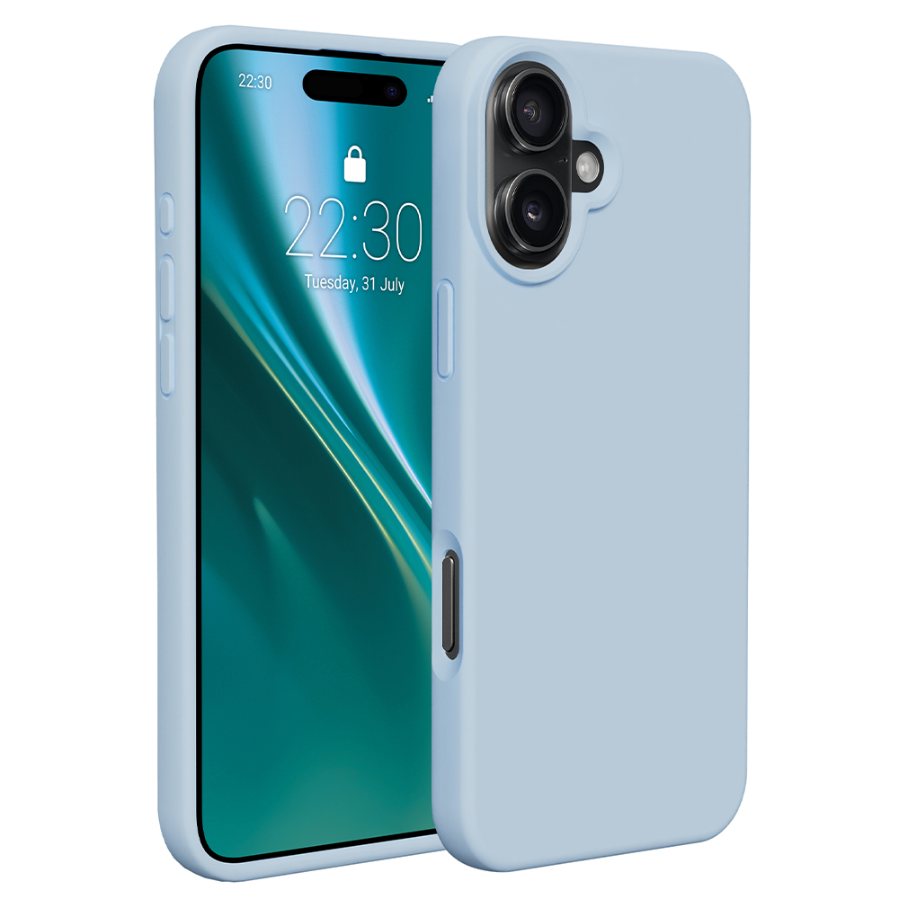 Custodia blu per telefono con un telefono. Mostra lo schermo del telefono con l'ora e la data.