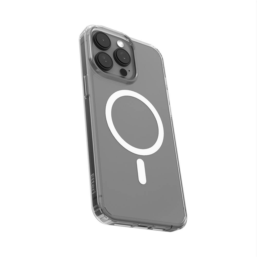 Przezroczyste etui na telefon z białym okręgiem i symbolem minusa. Etui jest szare.