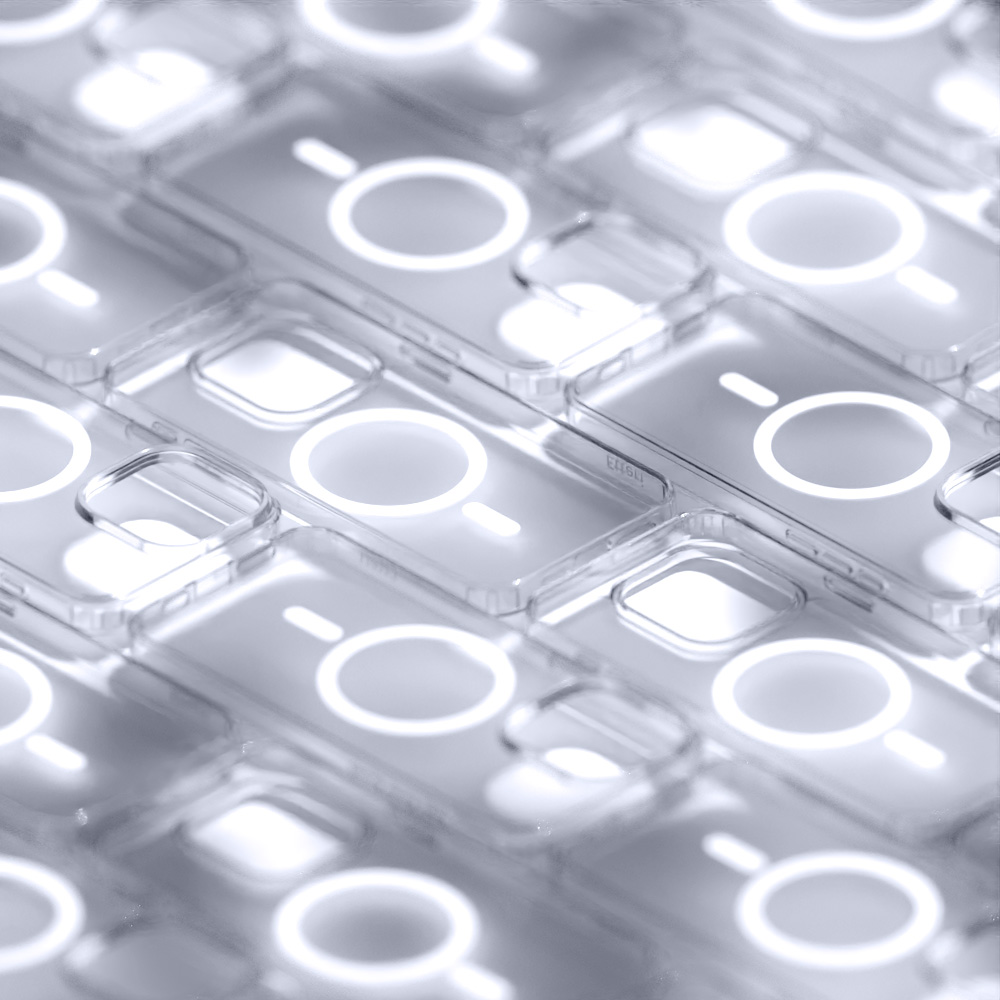 Kolekcja przezroczystych etui na telefony z okrągłym wzorem, na białej powierzchni.