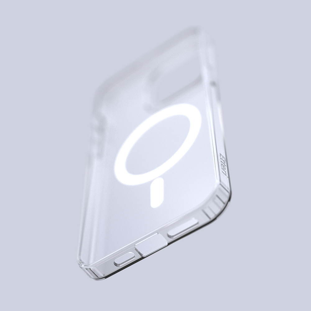 Przezroczyste etui na telefon z pierścieniem MagSafe. Jasnoszare tło.