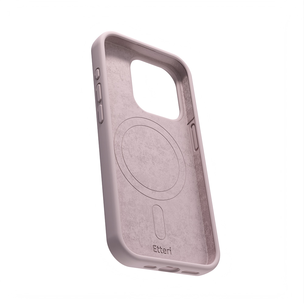 Różowe etui na telefon. Prosty design z okrągłym wycięciem i nadrukiem "Etteri".