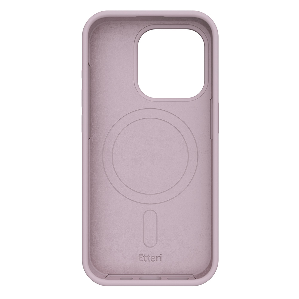 Różowe etui na telefon z okrągłym wzorem na plecach, z marką 'Etteri'.