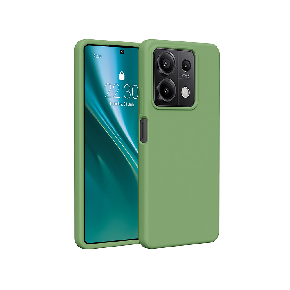 Custodia verde per telefono su sfondo bianco con un telefono all'interno. Il telefono mostra uno schermo.