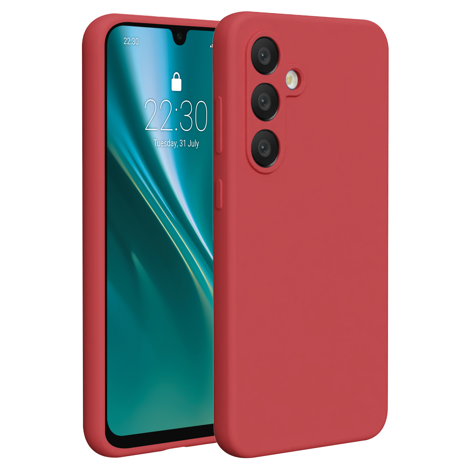 Rotes Telefon mit Hülle. Der Bildschirm zeigt Zeit und Datum. Telefon hat 3 Kameras hinten.