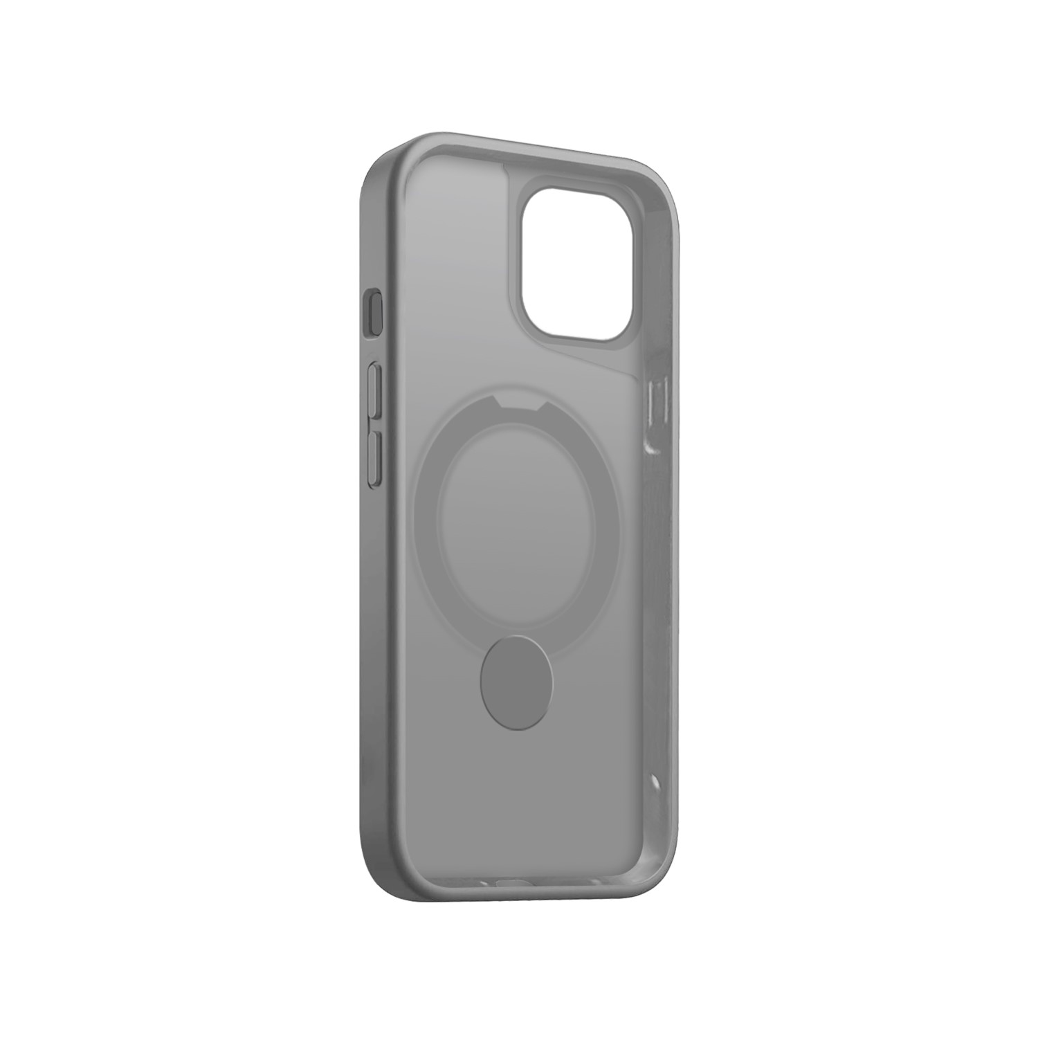 Custodia trasparente per telefono con un cerchio grigio al centro.