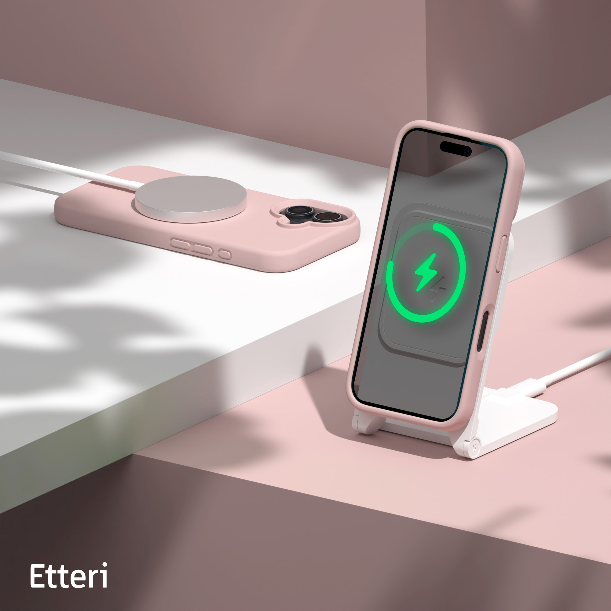 Un telefono in carica su un caricabatterie wireless e una custodia per telefono.
