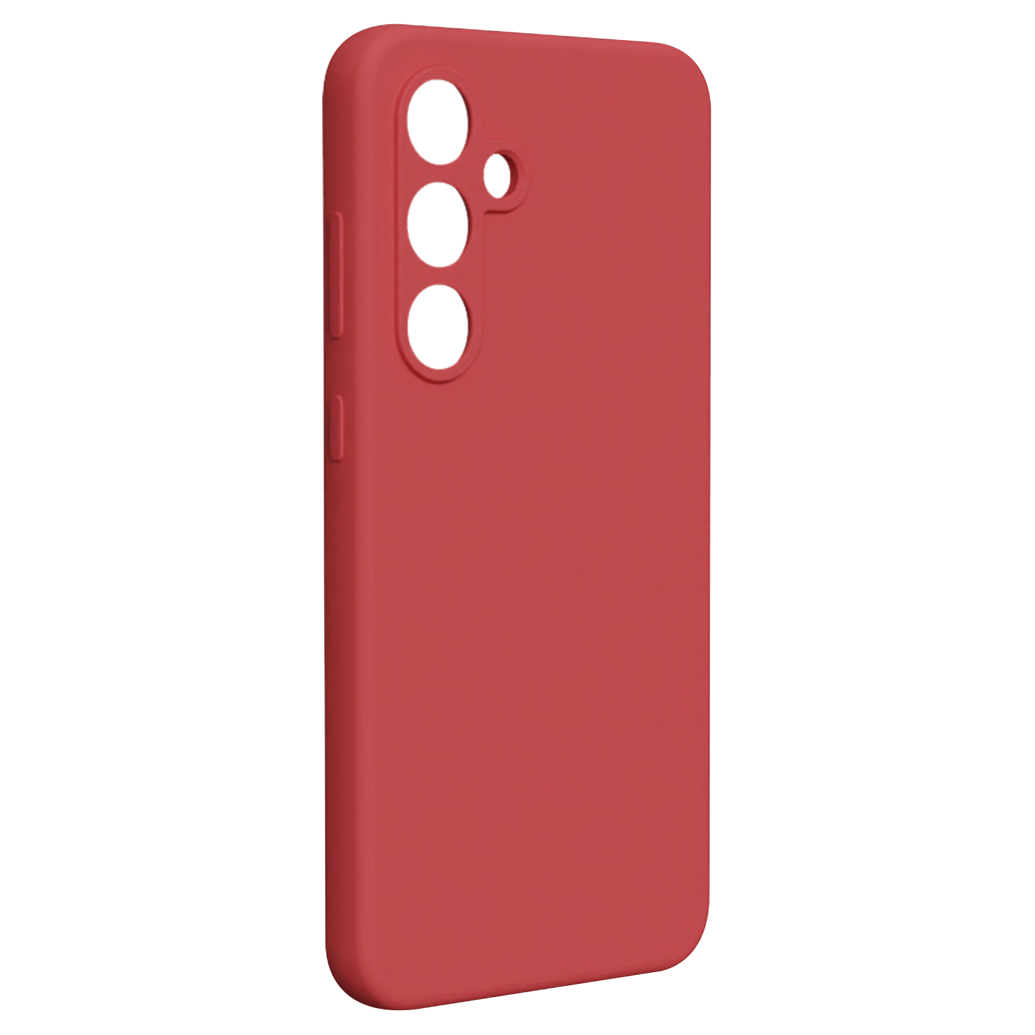 Rote Handyhülle. Sie hat Aussparungen für Kamera und Knöpfe. Einfaches Design. Seitenansicht.